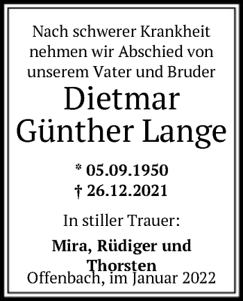 Traueranzeige von Dietmar Günther Lange von OF