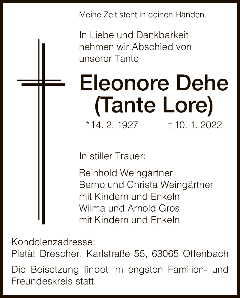  Traueranzeige für Eleonore Dehe vom 15.01.2022 aus OF