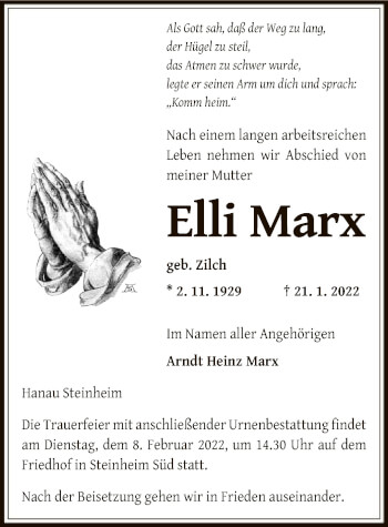 Traueranzeige von Elli Marx von OF