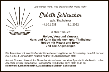 Traueranzeige von Elsbeth Schleucher von OF