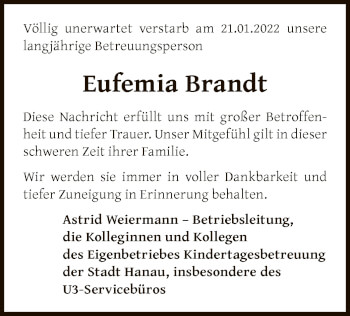 Traueranzeige von Eufemia Brandt von OF