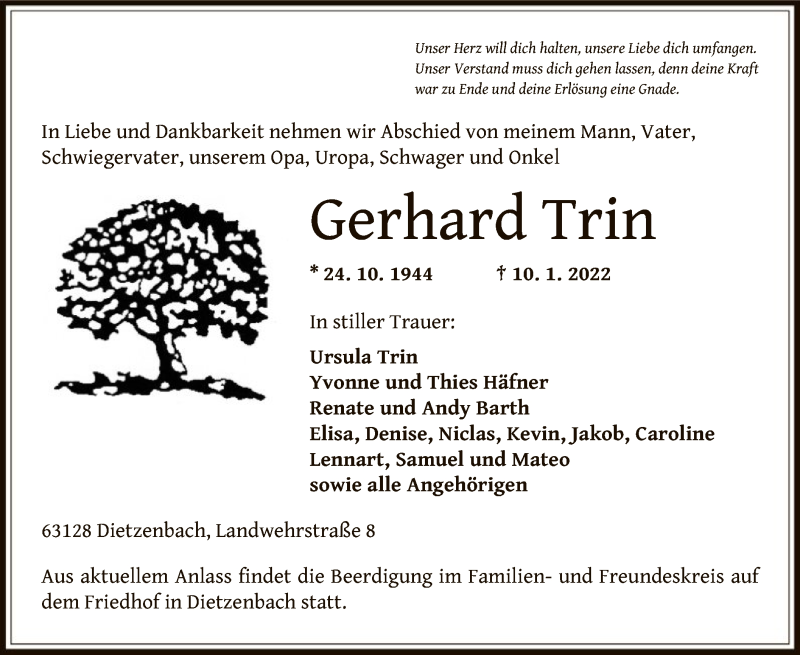 Traueranzeige für Gerhard Trin vom 15.01.2022 aus OF