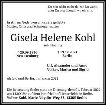 Traueranzeige von Gisela Helene Kohl von OF