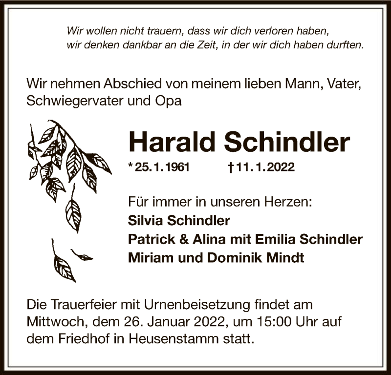  Traueranzeige für Harald Schindler vom 22.01.2022 aus OF