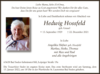 Traueranzeige von Hedwig Hossfeld von OF