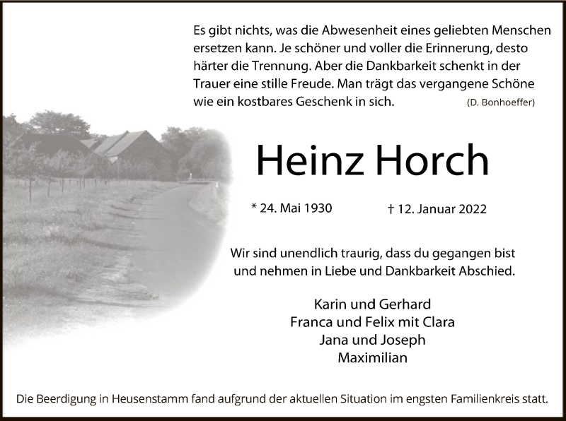  Traueranzeige für Heinz Horch vom 19.01.2022 aus OF