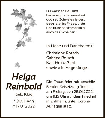 Traueranzeige von Helga Reinbold von OF