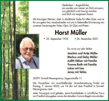 Traueranzeige von Horst Müller von OF