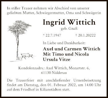 Traueranzeige von Ingrid Wittich von OF