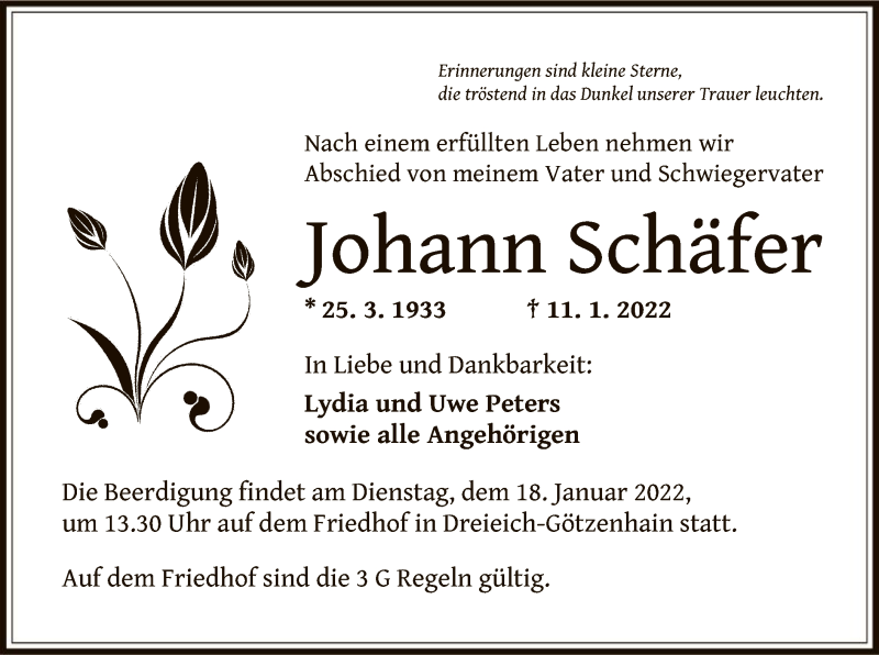  Traueranzeige für Johann Schäfer vom 15.01.2022 aus OF