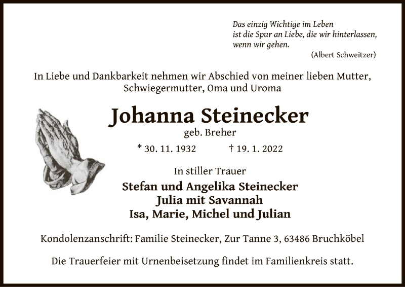  Traueranzeige für Johanna Steinecker vom 22.01.2022 aus OF