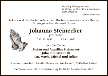Traueranzeige von Johanna Steinecker von OF
