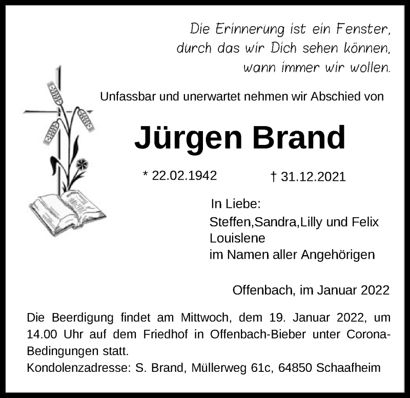  Traueranzeige für Jürgen Brand vom 08.01.2022 aus OF