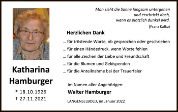 Traueranzeige von Katharina Hamburger von OF