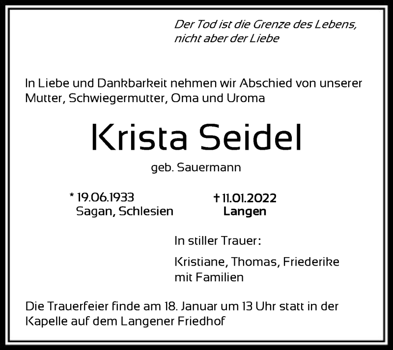  Traueranzeige für Krista Seidel vom 15.01.2022 aus OF
