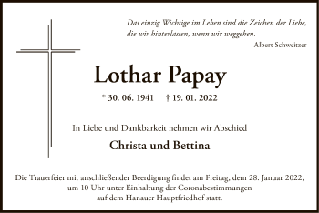 Traueranzeige von Lothar Papay von OF