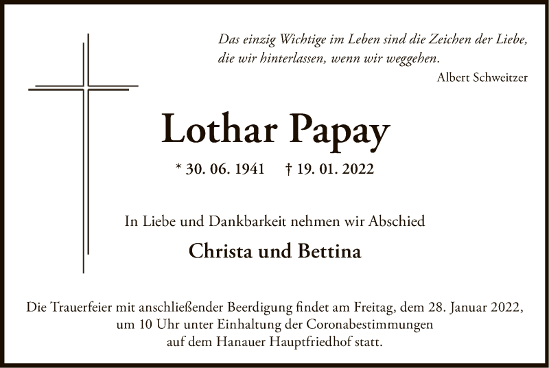  Traueranzeige für Lothar Papay vom 22.01.2022 aus OF
