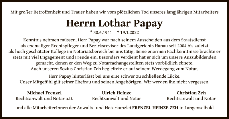  Traueranzeige für Lothar Papay vom 27.01.2022 aus OF