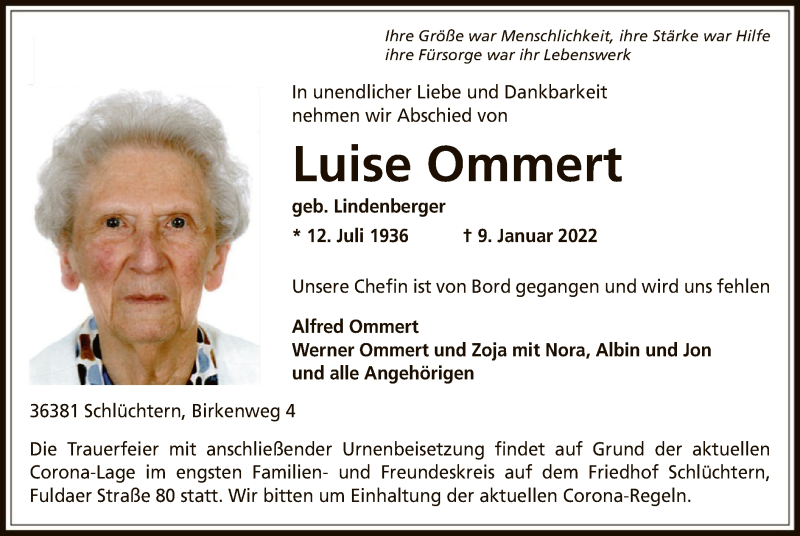  Traueranzeige für Luise Ommert vom 13.01.2022 aus OF