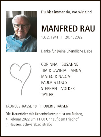 Traueranzeige von Manfred Rau von OF