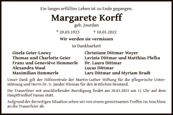 Traueranzeige von Margarete Korff von OF