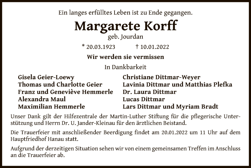  Traueranzeige für Margarete Korff vom 15.01.2022 aus OF
