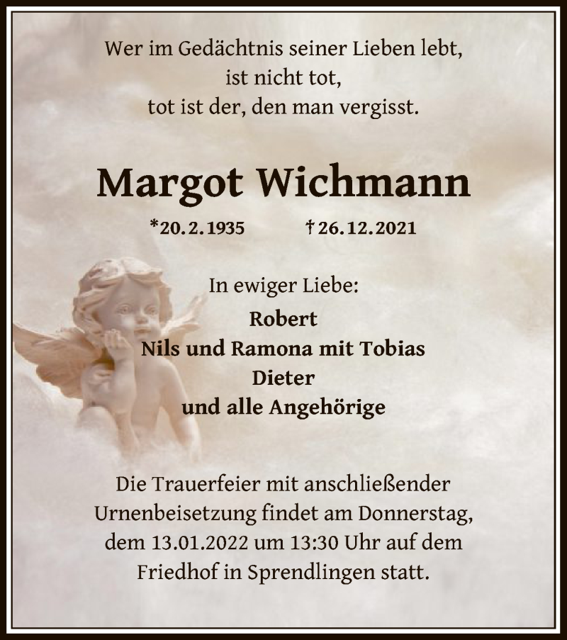  Traueranzeige für Margot Wichmann vom 08.01.2022 aus OF