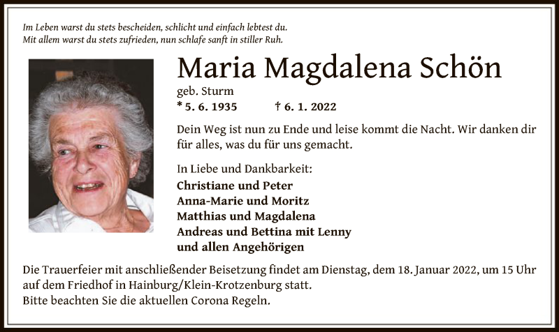  Traueranzeige für Maria Magdalena Schön vom 13.01.2022 aus OF