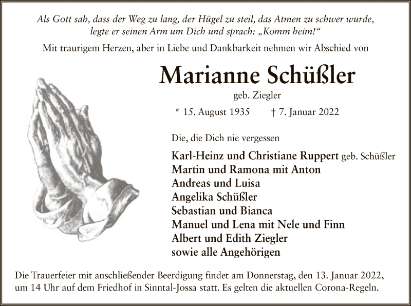  Traueranzeige für Marianne Schüßler vom 13.01.2022 aus OF