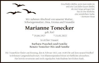 Traueranzeige von Marianne Tonecker von OF