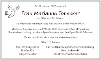 Traueranzeige von Marianne Tonecker von OF