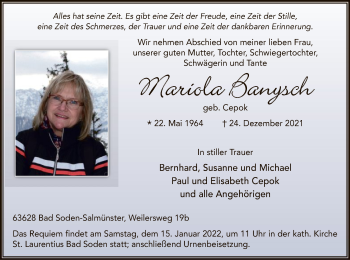 Traueranzeige von Mariola Banysch von OF