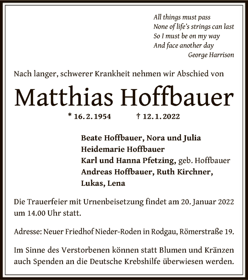  Traueranzeige für Matthias Hoffbauer vom 19.01.2022 aus OF