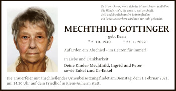 Traueranzeige von Mechthild Gottinger von OF