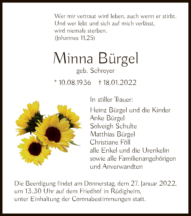  Traueranzeige für Minna Bürgel vom 22.01.2022 aus OF