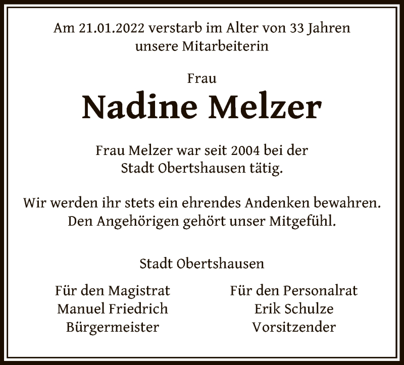  Traueranzeige für Nadine Melzer vom 26.01.2022 aus OF