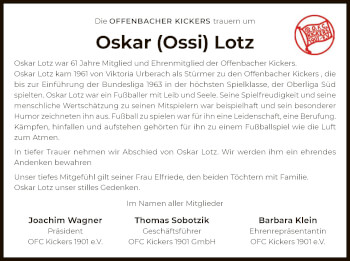 Traueranzeige von Oskar Lotz von OF