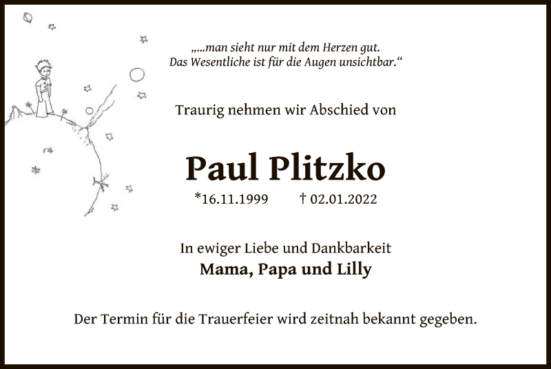  Traueranzeige für Paul Plitzko vom 08.01.2022 aus OF