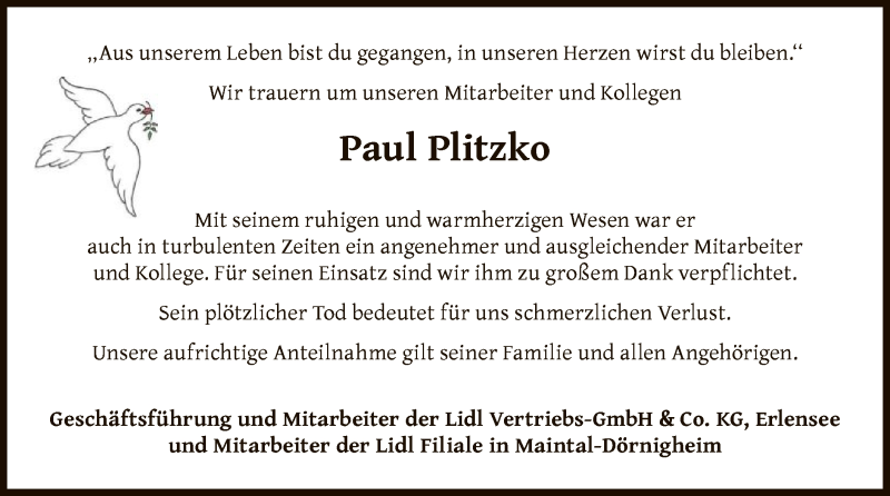  Traueranzeige für Paul Plitzko vom 15.01.2022 aus OF