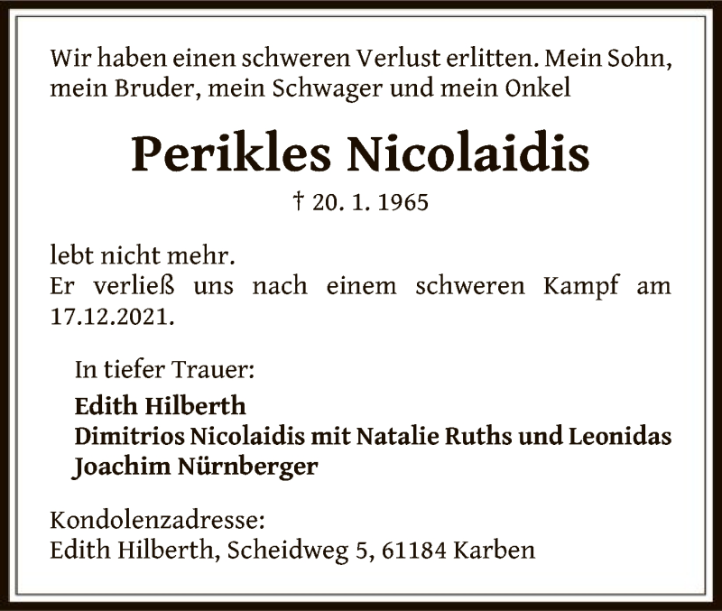  Traueranzeige für Perikles Nicolaidis vom 05.01.2022 aus OF