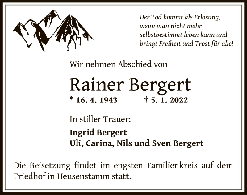  Traueranzeige für Rainer Bergert vom 08.01.2022 aus OF