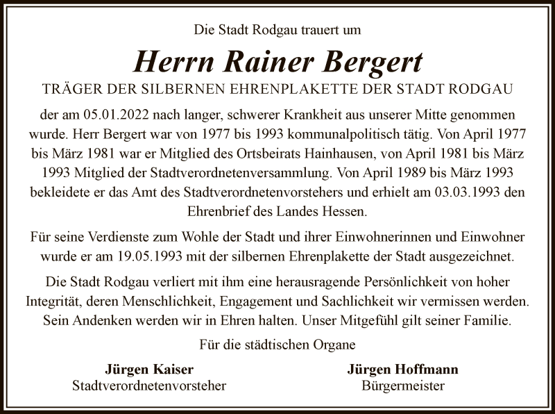  Traueranzeige für Rainer Bergert vom 14.01.2022 aus OF