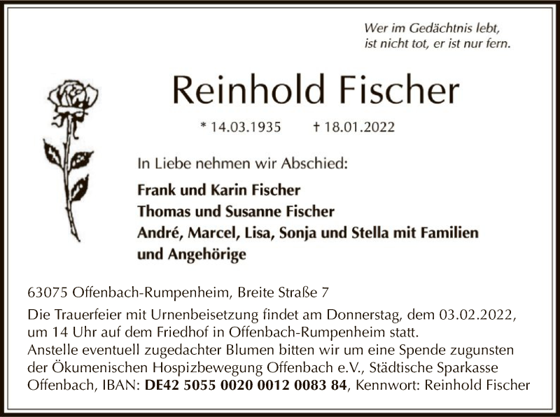  Traueranzeige für Reinhold Fischer vom 25.01.2022 aus OF