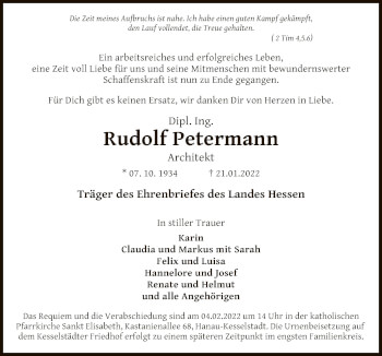 Traueranzeige von Rudolf Petermann von OF