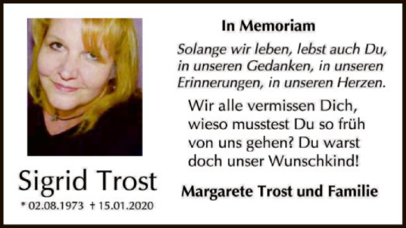  Traueranzeige für Sigrid Trost vom 15.01.2022 aus OF