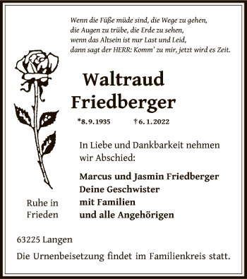 Traueranzeige von Waltraud Friedberger von OF