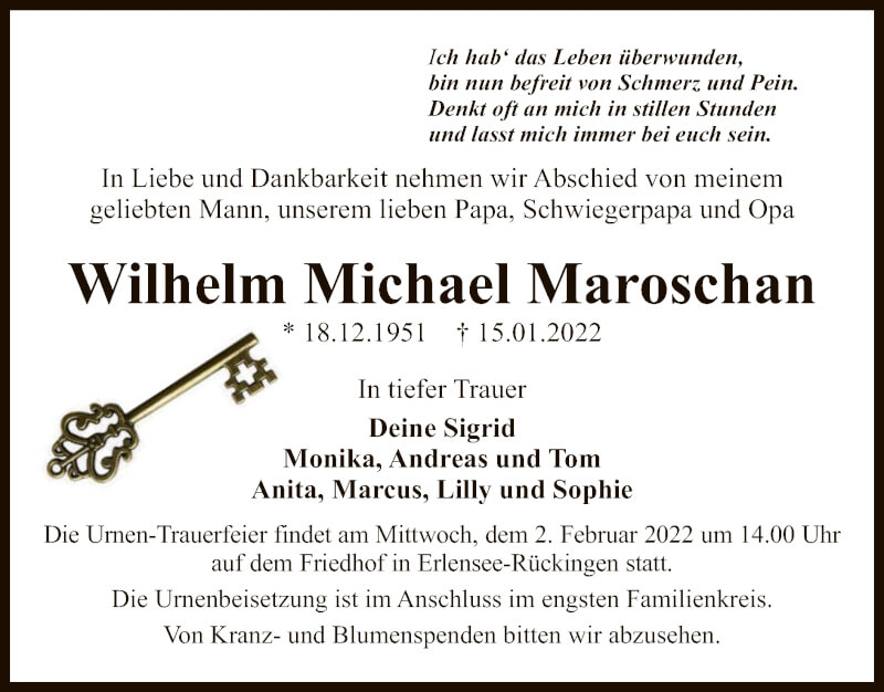  Traueranzeige für Wilhelm Michael Maroschan vom 29.01.2022 aus OF