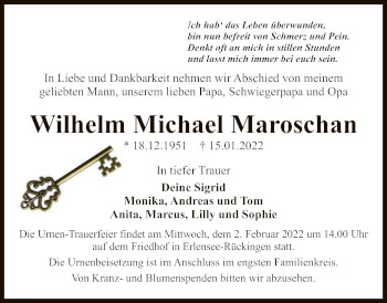 Traueranzeige von Wilhelm Michael Maroschan von OF