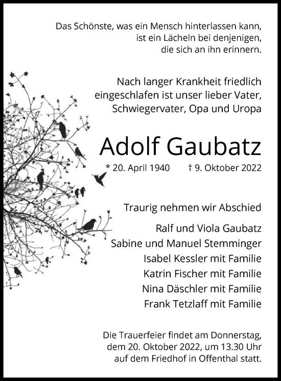 Traueranzeige von Adolf Gaubatz von OF