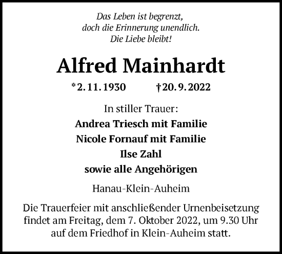 Traueranzeige von Alfred Mainhardt von OF